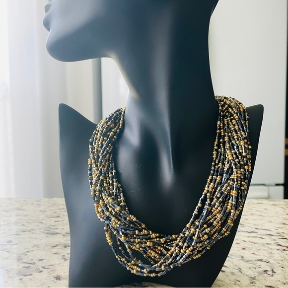 Vintage Art Deco Multi-Strand Gold & Black Seed Bead Torsade Statement N… - Picture 2 of 7